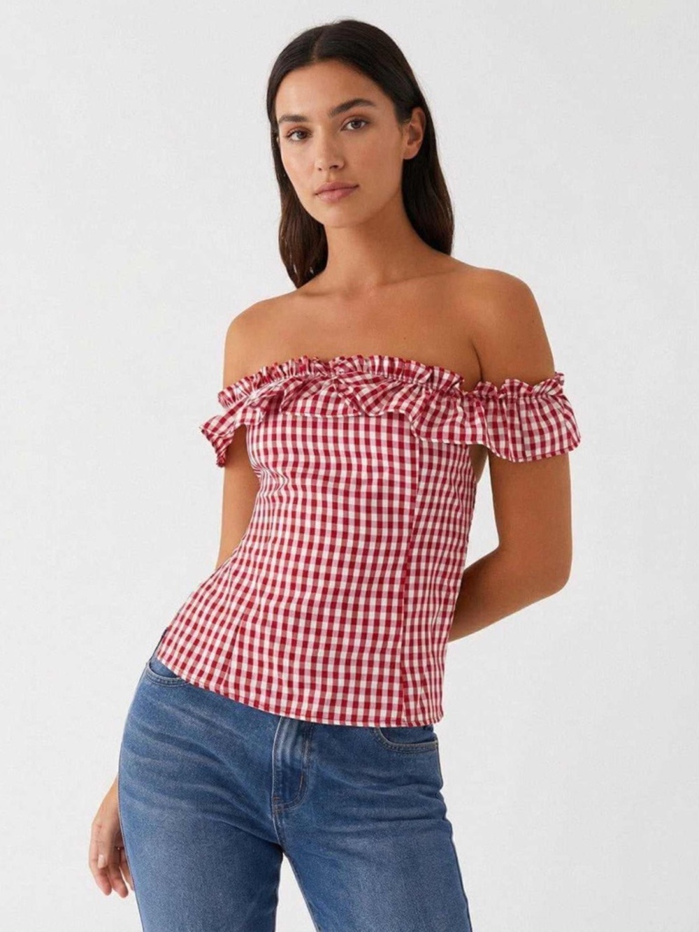 Peppermayo Red Gingham Off-Shoulder Ruffle Top